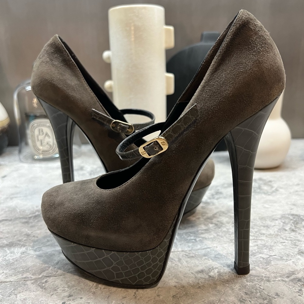 Fendi Suede And Croc Embossed Mary Jane Platforms